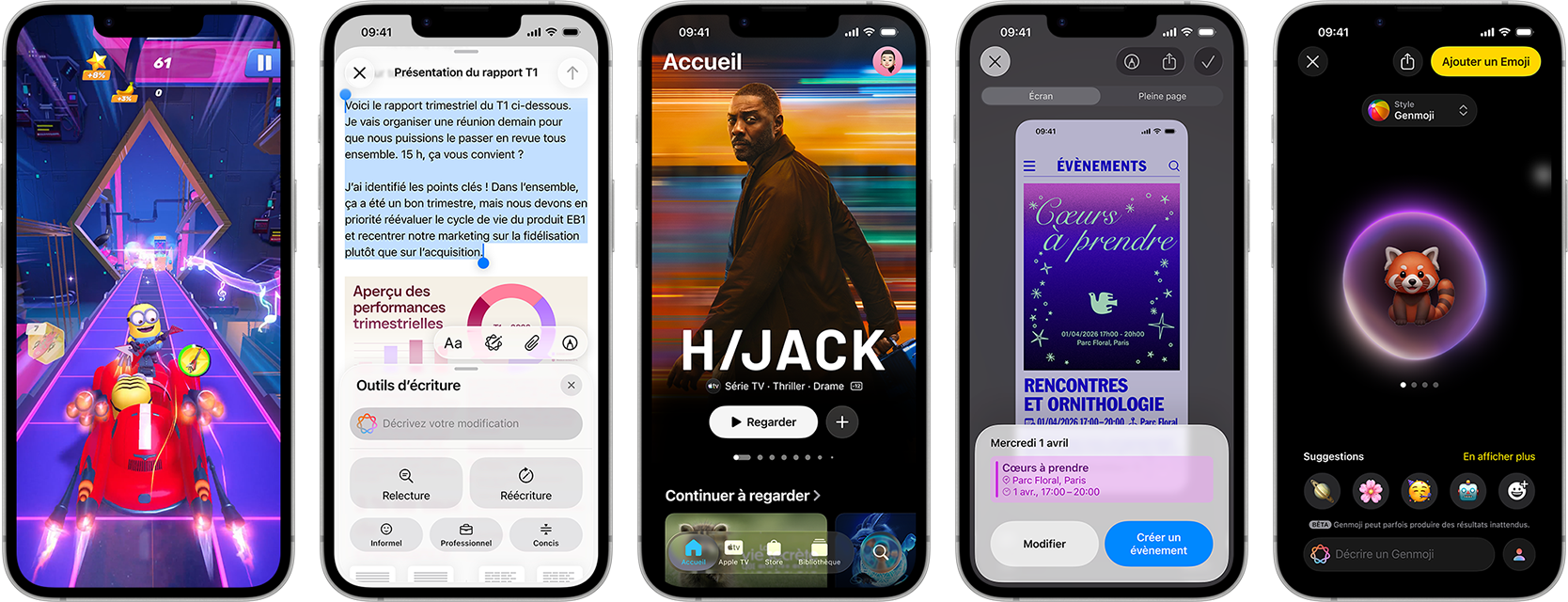 Plusieurs iPhone 17e côte à côte affichant des écrans différents : un jeu en cours d'utilisation, les Outils d'écriture, l'app Apple TV, la création d'un évènement de calendrier et d'un Genmoji