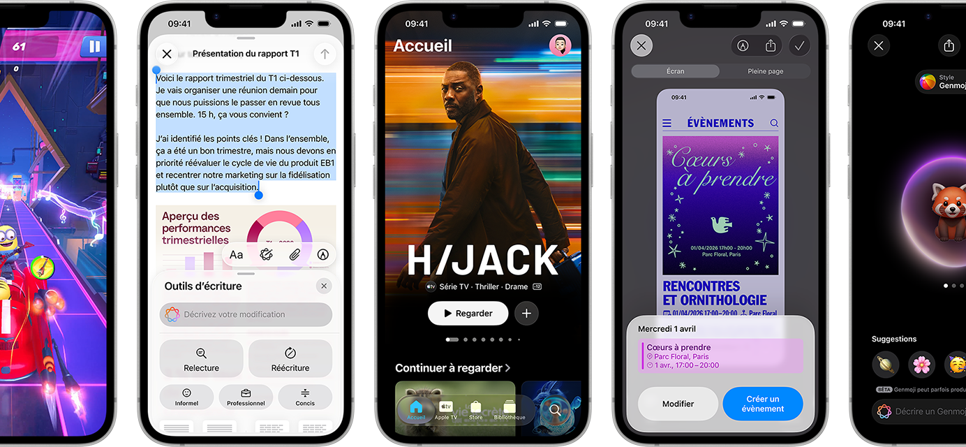 Plusieurs iPhone 17e côte à côte affichant des écrans différents : un jeu en cours d'utilisation, les Outils d'écriture, l'app Apple TV, la création d'un évènement de calendrier et d'un Genmoji