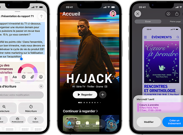 Plusieurs iPhone 17e côte à côte affichant des écrans différents : un jeu en cours d'utilisation, les Outils d'écriture, l'app Apple TV, la création d'un évènement de calendrier et d'un Genmoji