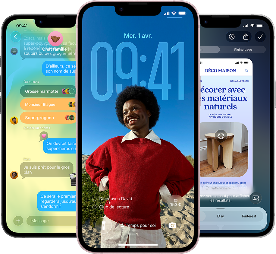Trois iPhone 17e affichant l'app Messages avec le design Liquid Glass, l'écran verrouillé dynamique et Intelligence visuelle en cours d'utilisation