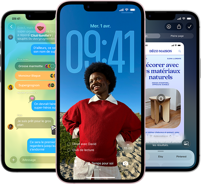 Trois iPhone 17e affichant l'app Messages avec le design Liquid Glass, l'écran verrouillé dynamique et Intelligence visuelle en cours d'utilisation