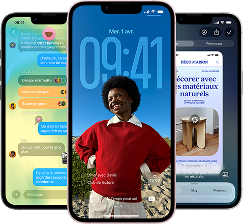 Trois iPhone 17e affichant l'app Messages avec le design Liquid Glass, l'écran verrouillé dynamique et Intelligence visuelle en cours d'utilisation