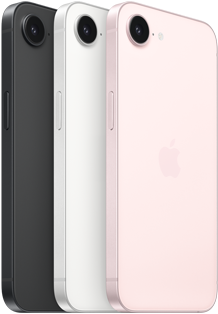 iPhone 17e, faces latérale et arrière, coloris noir, faces latérale et arrière, coloris blanc, faces latérale et arrière, coloris rose pastel, caméra Fusion en haut, bouton latéral