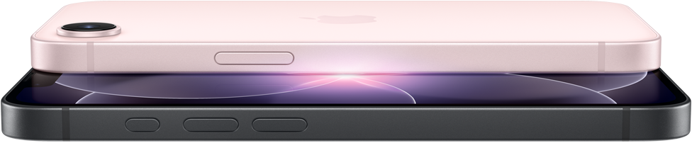 iPhone 17e, vue horizontale, faces latérale et arrière, coloris rose pastel, iPhone 17e, vue horizontale, faces latérale et arrière, coloris noir