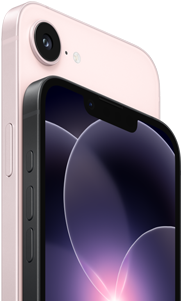 iPhone 17e, vue horizontale, faces latérale et arrière, coloris rose pastel, iPhone 17e, vue horizontale, faces latérale et arrière, coloris noir