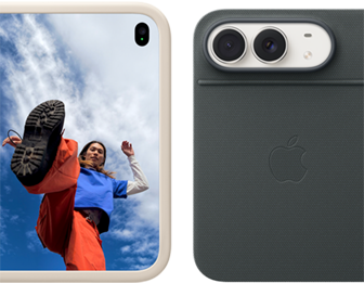 iPhone Duo, finition blanc stellaire dans une coque en silicone sable, mode paysage, entièrement ouvert en position horizontale, double caméra Fusion en haut à gauche, une coque recouvre la face extérieure arrière et le bord de l'écran interne, le côté droit présente l'écran externe affichant l'image d'une personne. iPhone Duo, finition blanc stellaire, appuyé sur le Folio marine avec support, complètement ouvert à l'horizontale ; la face extérieure arrière met en évidence la double caméra Fusion 48 MP, deux objectifs