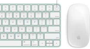Vue de haut en gros plan d'un Magic Keyboard avec Touch ID à côté d'une Magic Mouse.