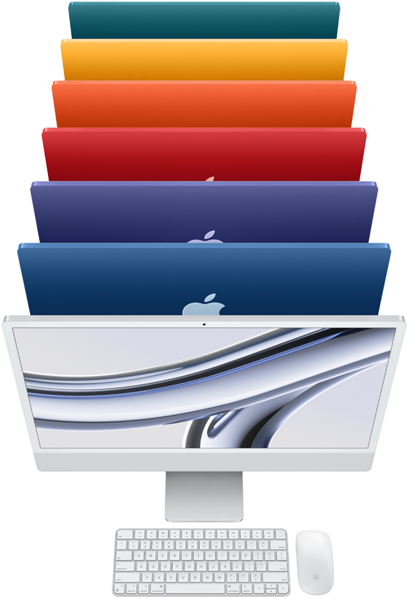 Vue de côté de plusieurs iMac alignés l'un derrière l'autre, face tournée vers la droite, en vert, jaune, orange, rose, mauve, bleu et argent.