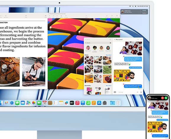 Un iMac à côté d'un iPhone illustrant la fonctionnalité Continuité par le partage d'un échange de messages et de photos entre l'iPhone et l'iMac.