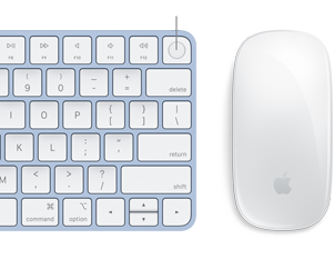 Gros plan sur un Magic Keyboard et une Magic Mouse de couleur assortie, avec mise en évidence de l'empreinte digitale Touch ID