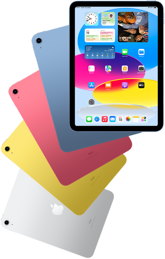 Vue avant d'un iPad affichant l'écran d'accueil, devant quatre autres iPad en bleu, rose, jaune et argent vus de dos.