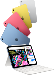 iPad en bleu, rose, jaune et argent, et iPad associé à un Magic Keyboard Folio avec un Apple Pencil