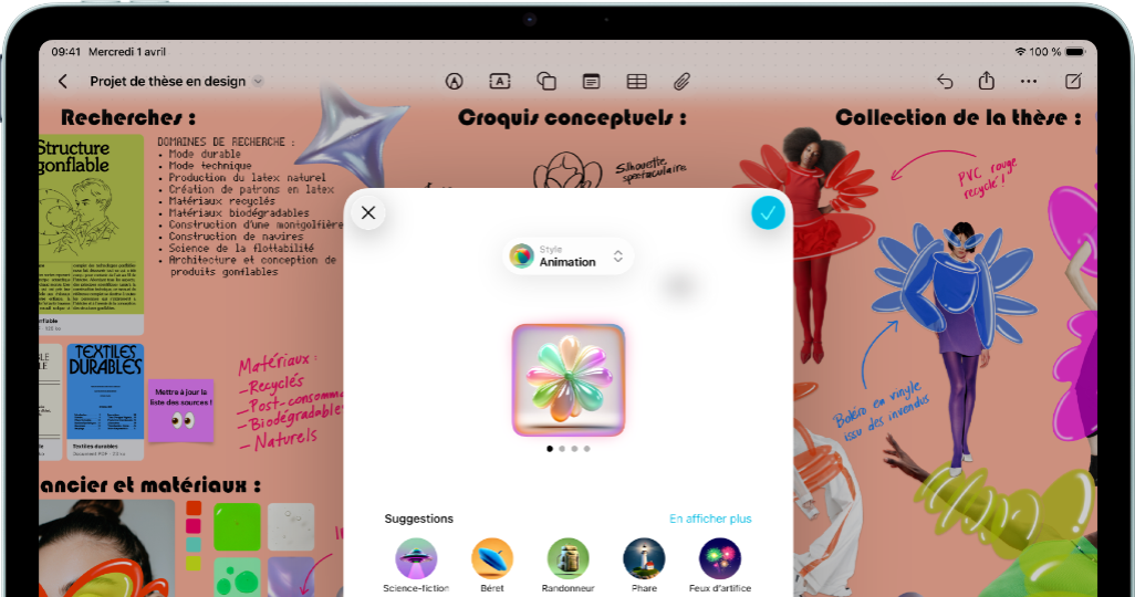 iPad Air, face avant, mode paysage, bouton d'augmentation du volume, bouton de réduction du volume, bouton d'alimentation, écran affichant une interface d'app colorée avec différentes icônes