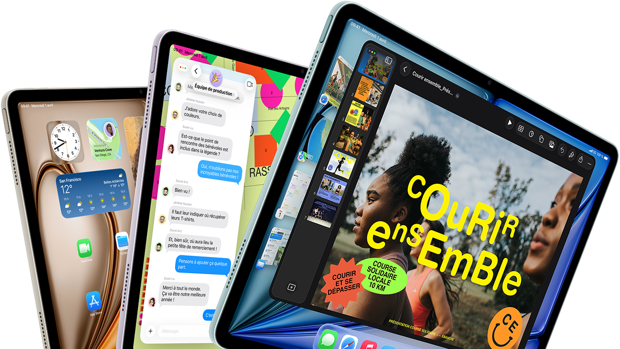 Trois écrans d'iPad Air disposés en éventail, coloris bleu, mauve, lumière stellaire, vue avant, vue latérale, écrans affichant les apps Keynote, Messages et l'écran d'accueil