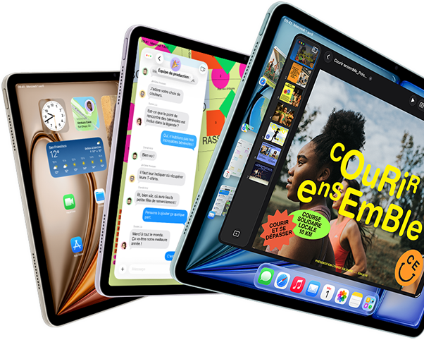 Trois écrans d'iPad Air disposés en éventail, coloris bleu, mauve, lumière stellaire, vue avant, vue latérale, écrans affichant les apps Keynote, Messages et l'écran d'accueil