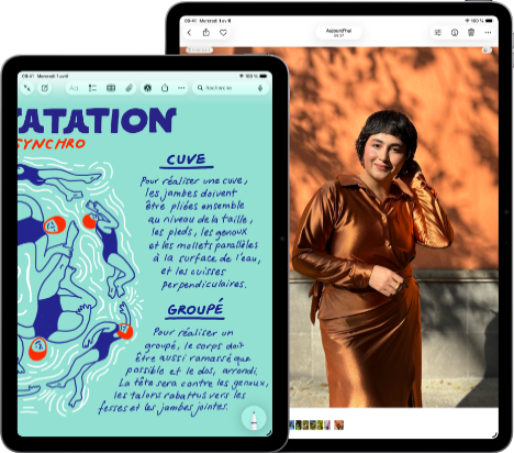 Deux iPad Air, modèles 11 pouces et 13 pouces, le modèle 11 pouces affiche du texte coloré dans l'app Notes, le modèle 13 pouces affiche la photo d'une personne dans l'app Photos