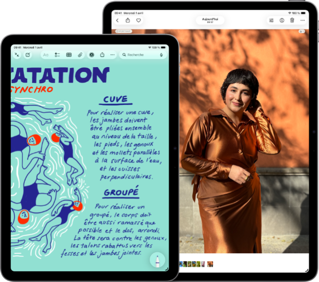 Deux iPad Air, modèles 11 pouces et 13 pouces, le modèle 11 pouces affiche du texte coloré dans l'app Notes, le modèle 13 pouces affiche la photo d'une personne dans l'app Photos
