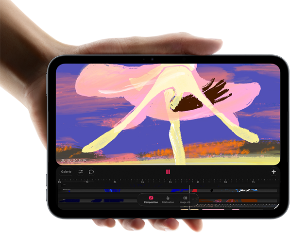 iPad mini, présenté en main, vue de face, affichant une interface de montage vidéo avec des plans colorés, puce A20 Pro mentionnée en dessous