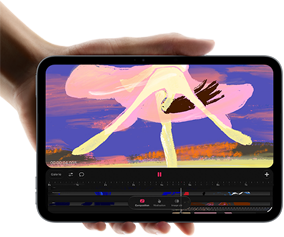 iPad mini, présenté en main, vue de face, affichant une interface de montage vidéo avec des plans colorés, puce A20 Pro mentionnée en dessous