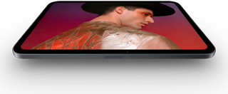 iPad mini, écran OLED 8,5 pouces, noirs profonds et lumineux, affichant une personne portant un chapeau et une veste