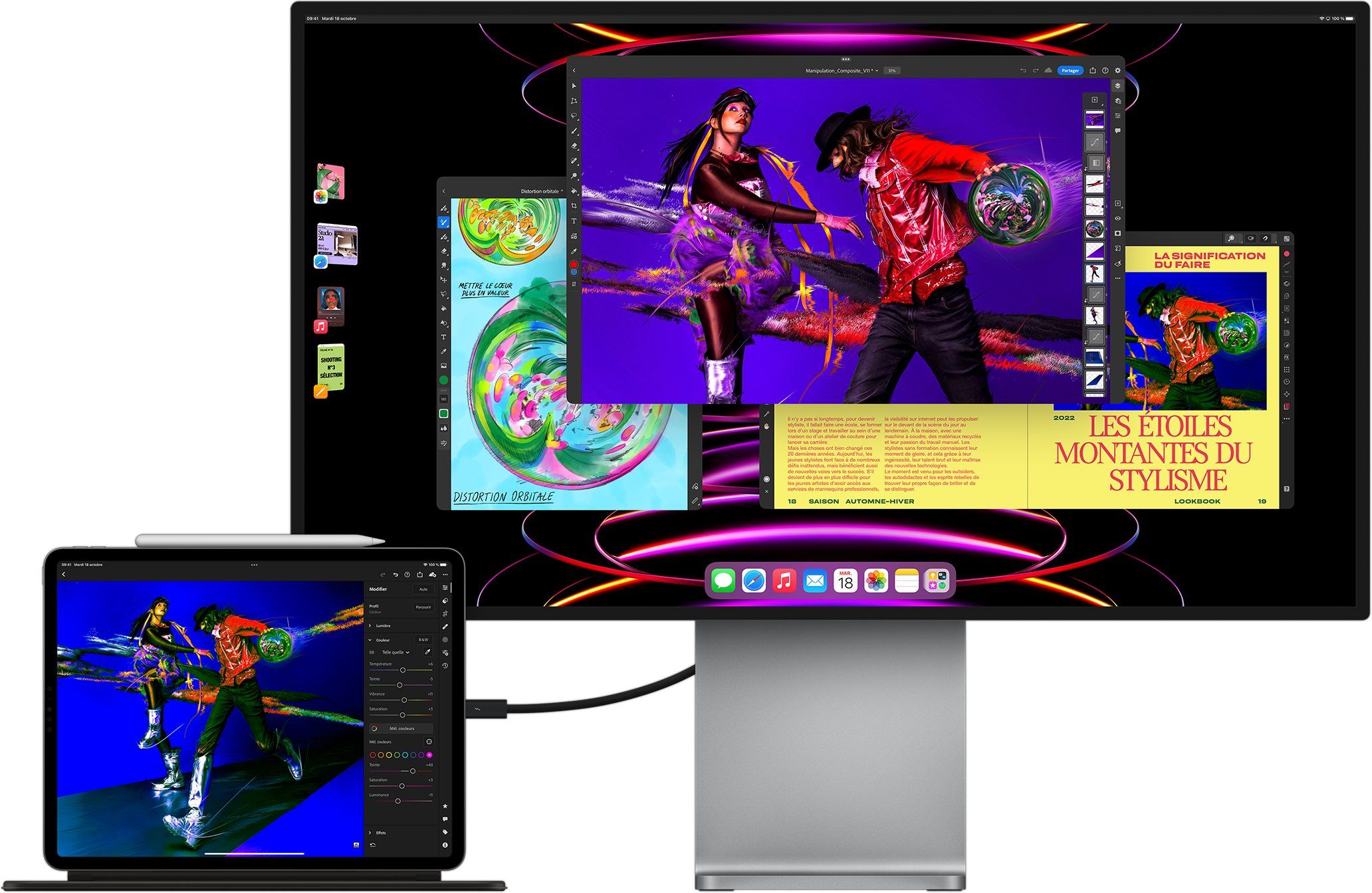 iPad Pro affichant l'app Adobe Lightroom connecté à un écran externe affichant le mode multitâche avec Stage Manager