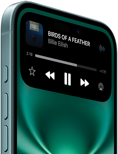 Un morceau est en cours de lecture sur un iPhone 16 en sarcelle