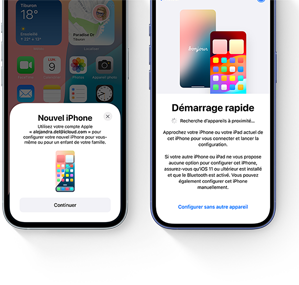 Un nouvel iPhone, situé à côté d'un ancien iPhone, est en cours de configuration en utilisant Démarrage rapide, qui simplifie le transfert de données