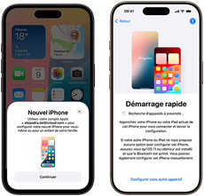 Un nouvel iPhone, situé à côté d'un ancien iPhone, est en cours de configuration en utilisant Démarrage rapide, qui simplifie le transfert de données