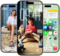 iPhone 17, face avant, Dynamic Island centré vers le haut, trois couleurs : brume, lavande, sauge