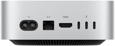 Vue arrière d'un Mac mini en finition argent montrant les ports à l'arrière : un port HDMI, un port Ethernet, trois ports Thunderbolt et le port d'alimentation