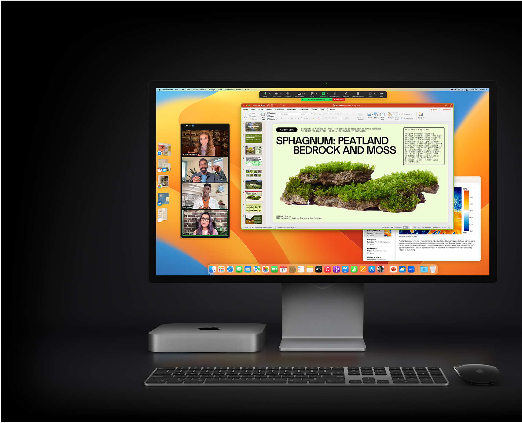 Mac mini avec Magic Mouse, Magic Keyboard et Studio Display affichant une présentation Microsoft PowerPoint partagée dans le cadre d'une réunion Zoom, avec l'app Notes en arrière-plan.