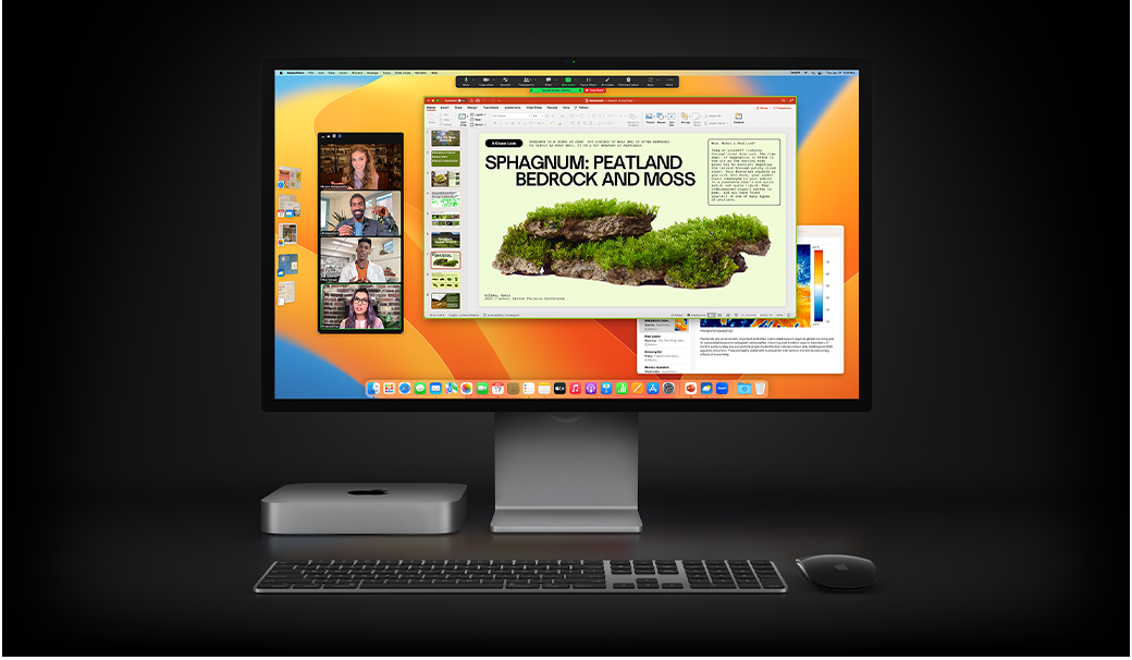 Mac mini avec Magic Mouse, Magic Keyboard et Studio Display affichant une présentation Microsoft PowerPoint partagée dans le cadre d'une réunion Zoom, avec l'app Notes en arrière-plan.