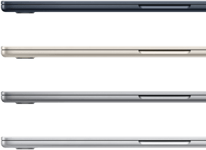 Quatre portables MacBook Air montrant les finitions disponibles : minuit, lumière stellaire, gris sidéral et argent