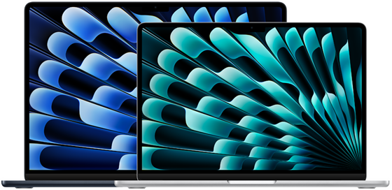 Vue de face de MacBook Air 13 et 15 pouces mettant en avant les tailles d'écran (mesurées en diagonale)