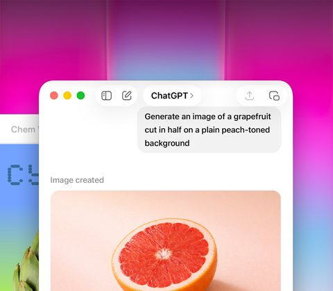 Écran de MacBook Neo, utilisation de ChatGPT pour générer une image de pamplemousse, la deuxième fenêtre montre une image d'artichaut sur un arrière-plan dégradé dans Keynote