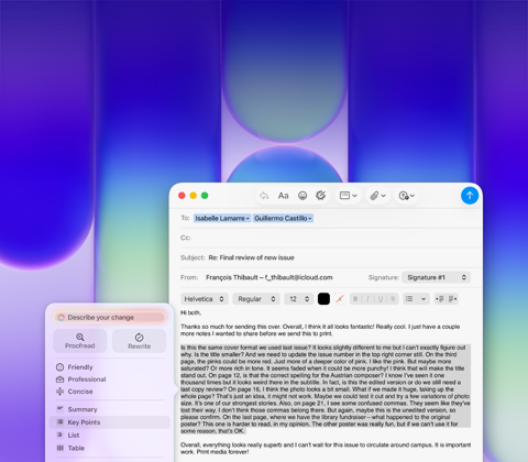 Écran de MacBook Neo, utilisant les Outils d'écriture d'Apple Intelligence dans Mail pour réviser un long paragraphe d'un e-mail contenant des commentaires sur une publication