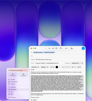 Écran de MacBook Neo, utilisant les Outils d'écriture d'Apple Intelligence dans Mail pour réviser un long paragraphe d'un e-mail contenant des commentaires sur une publication
