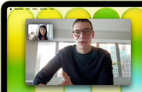 MacBook Neo, couleur jaune agrume, appel vidéo à l'écran, fonctionnalité Cadre centré qui maintient la personne dans le cadre