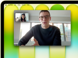MacBook Neo, couleur jaune agrume, appel vidéo à l'écran, fonctionnalité Cadre centré qui maintient la personne dans le cadre