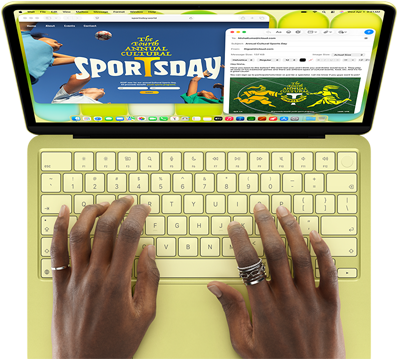 MacBook Neo, couleur jaune agrume, mains sur le clavier, la personne utilisatrice compose un e-mail d'invitation à un évènement sportif, le site web de l'évènement est ouvert en parallèle
