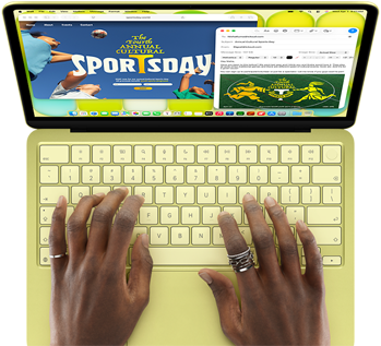 MacBook Neo, couleur jaune agrume, mains sur le clavier, la personne utilisatrice compose un e-mail d'invitation à un évènement sportif, le site web de l'évènement est ouvert en parallèle