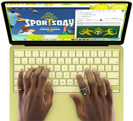 MacBook Neo, couleur jaune agrume, mains sur le clavier, la personne utilisatrice compose un e-mail d'invitation à un évènement sportif, le site web de l'évènement est ouvert en parallèle