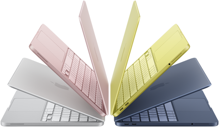 Ordinateurs portables MacBook Neo argent, rose poudré, jaune agrume et indigo, légèrement ouverts et disposés en demi-cercle