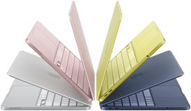 Ordinateurs portables MacBook Neo argent, rose poudré, jaune agrume et indigo, légèrement ouverts et disposés en demi-cercle