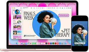 MacBook Neo, rose poudré, à côté d'un iPhone, l'écran du MacBook Neo affiche une présentation intitulée Finals Week Pet Therapy avec la photo d'une personne tenant un lapin, l'écran de l'iPhone affiche la même photo, qui a été transformée en autocollant à utiliser dans la présentation