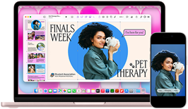 MacBook Neo, rose poudré, à côté d'un iPhone, l'écran du MacBook Neo affiche une présentation intitulée Finals Week Pet Therapy avec la photo d'une personne tenant un lapin, l'écran de l'iPhone affiche la même photo, qui a été transformée en autocollant à utiliser dans la présentation