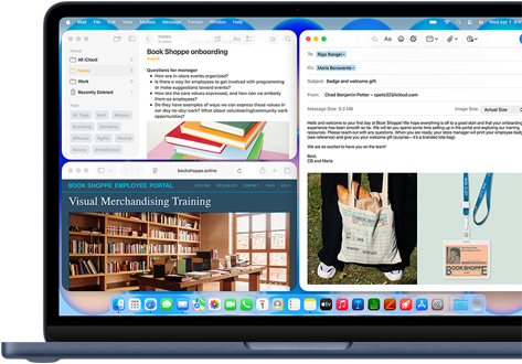 MacBook Neo, couleur indigo, écran affichant la rédaction d'un e-mail de bienvenue pour une nouvelle recrue dans une librairie, d'autres fenêtres en mosaïque contiennent un document Notes sur l'intégration et le site web du portail destiné au personnel de la librairie dans Safari