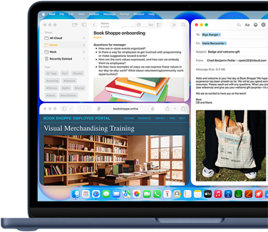 MacBook Neo, couleur indigo, écran affichant la rédaction d'un e-mail de bienvenue pour une nouvelle recrue dans une librairie, d'autres fenêtres en mosaïque contiennent un document Notes sur l'intégration et le site web du portail destiné au personnel de la librairie dans Safari