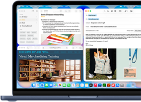 MacBook Neo, couleur indigo, écran affichant la rédaction d'un e-mail de bienvenue pour une nouvelle recrue dans une librairie, d'autres fenêtres en mosaïque contiennent un document Notes sur l'intégration et le site web du portail destiné au personnel de la librairie dans Safari