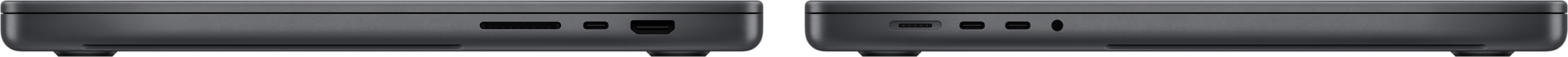 Vue latérale du MacBook Pro, montrant le lecteur de carte SDXC, trois ports Thunderbolt 4, le port HDMI, le port de charge MagSafe 3 et la prise casque.